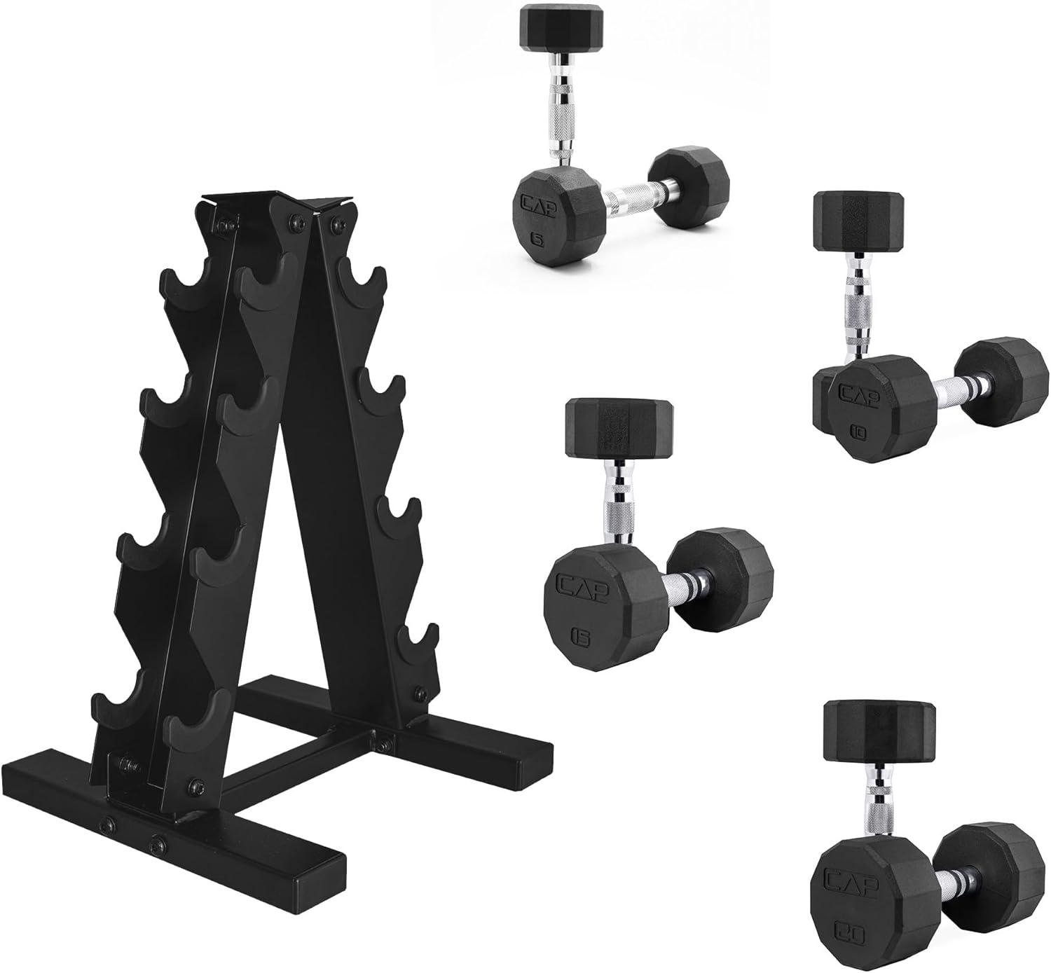 imageCAP Barbell Rubber Coated Dumbbell Weight Set with Vertical Rack 100 lb 150 lb and 210 lb Options100 lb Set