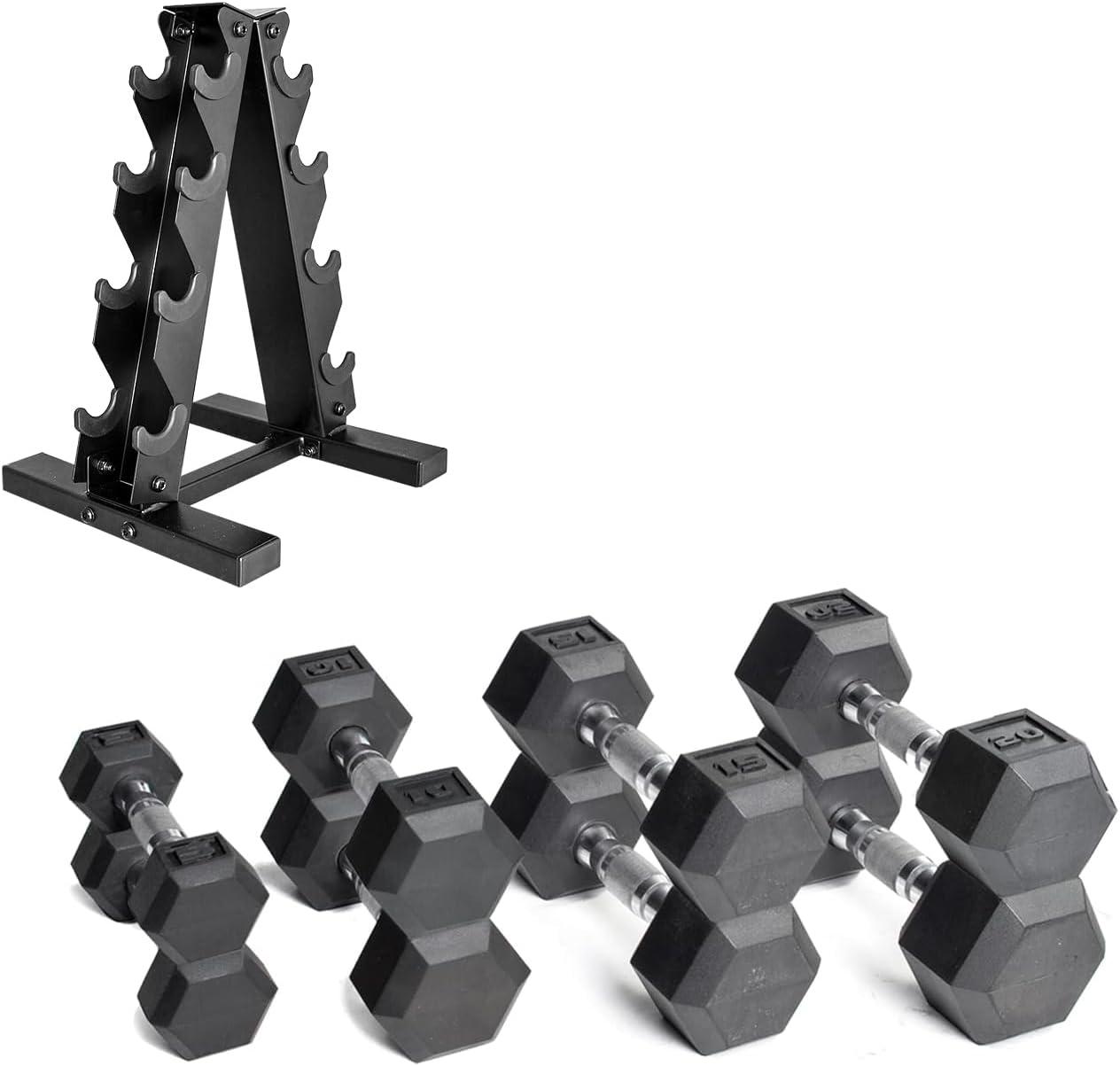 imageCAP Barbell Rubber Coated Dumbbell Weight Set with Vertical Rack 100 lb 150 lb and 210 lb Options100 lb Set