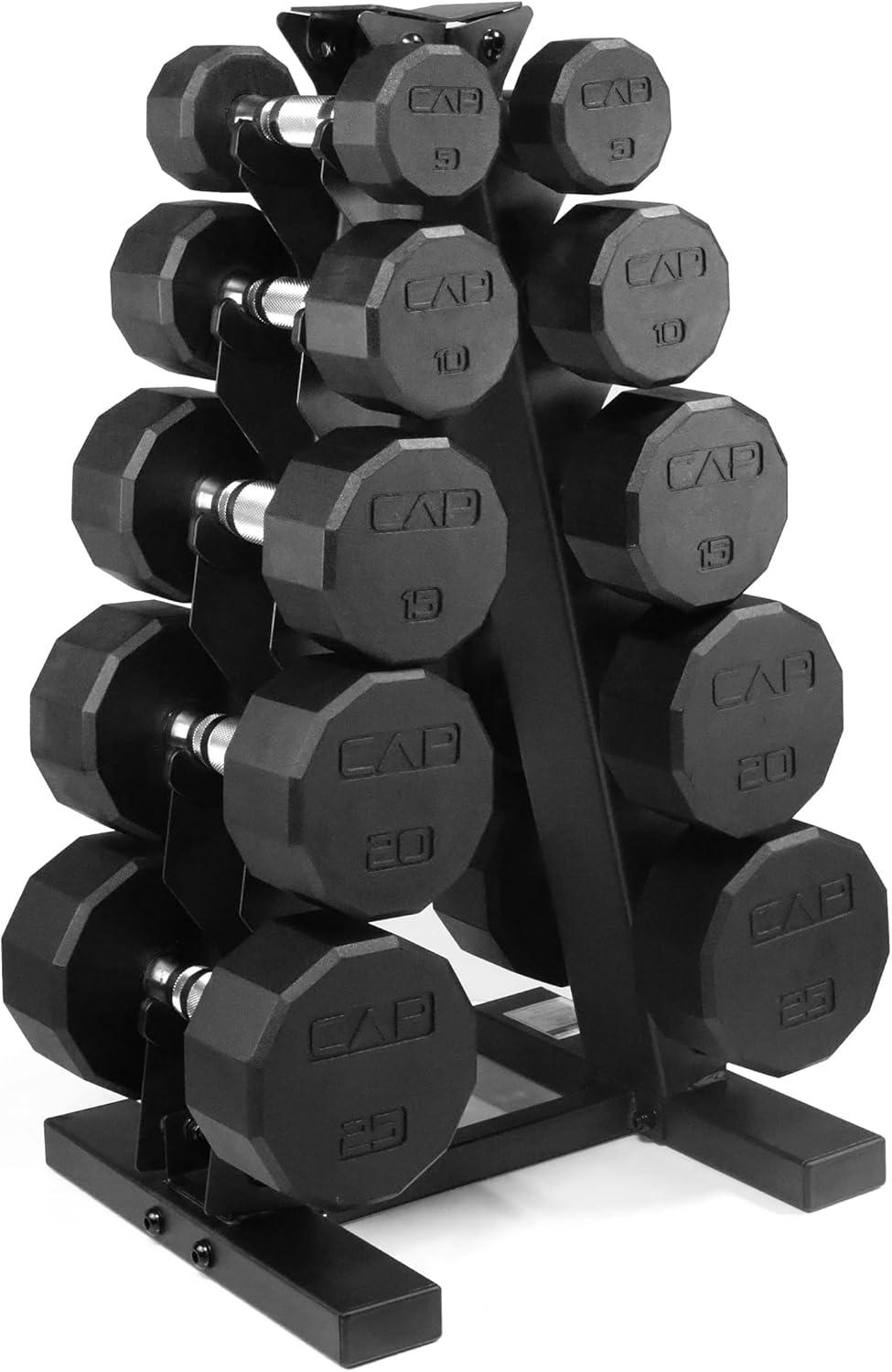 imageCAP Barbell Rubber Coated Dumbbell Weight Set with Vertical Rack 100 lb 150 lb and 210 lb Options150 lb Set