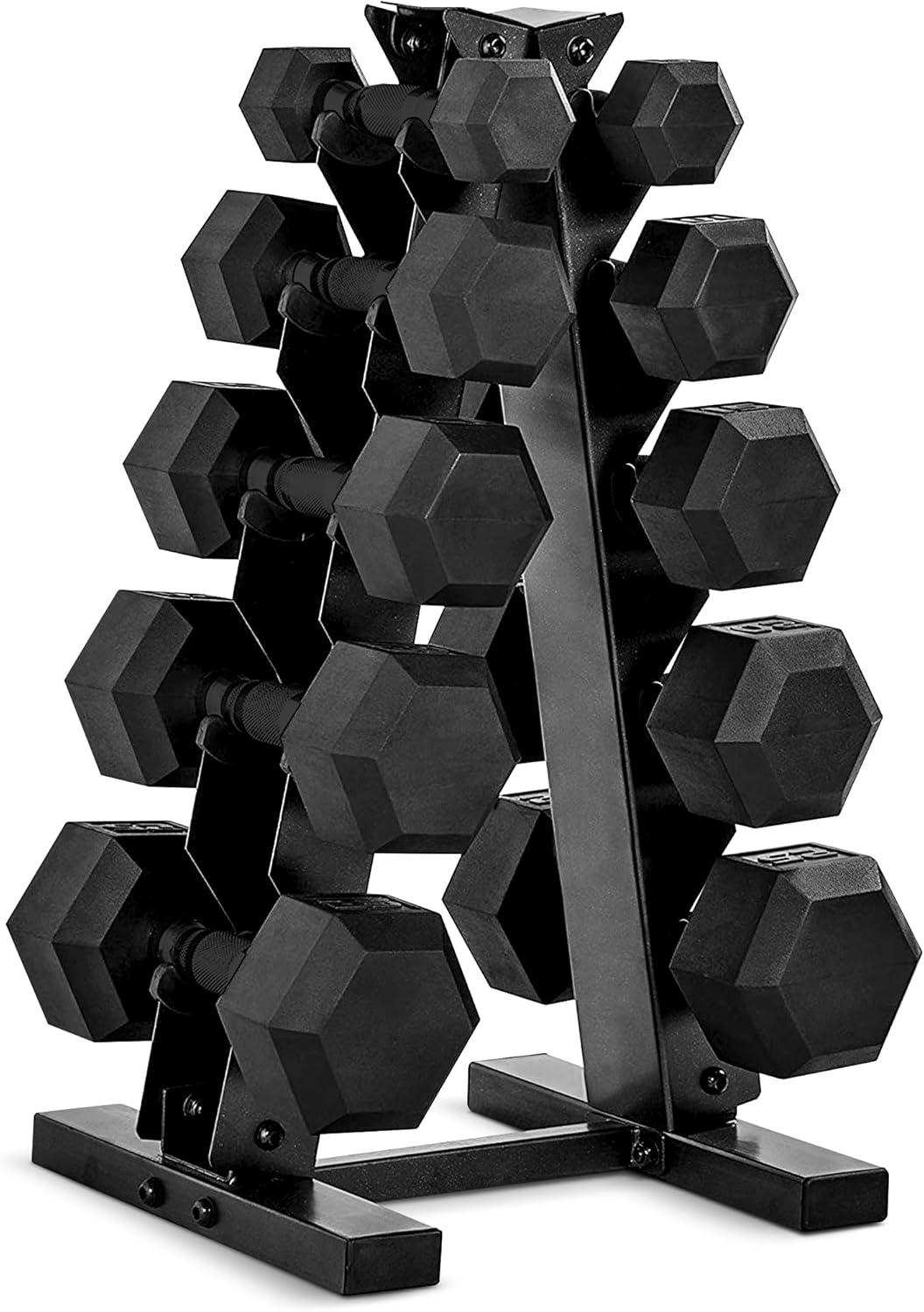 imageCAP Barbell Rubber Coated Dumbbell Weight Set with Vertical Rack 100 lb 150 lb and 210 lb Options150 lb Set
