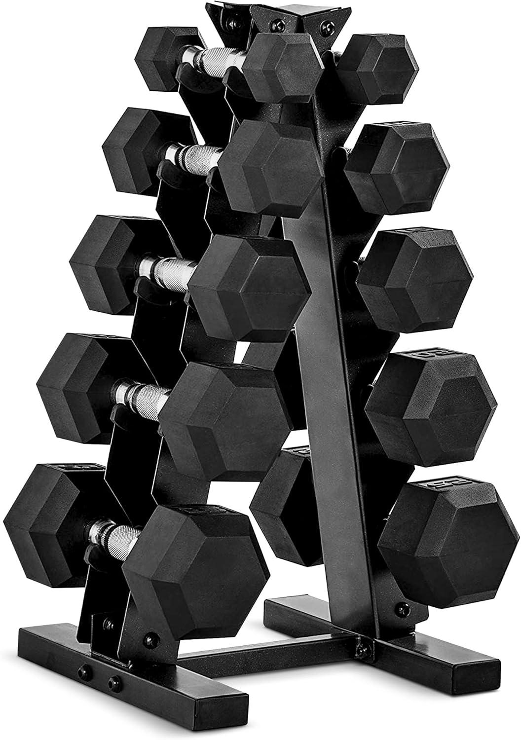 imageCAP Barbell Rubber Coated Dumbbell Weight Set with Vertical Rack 100 lb 150 lb and 210 lb Options150 lb Set