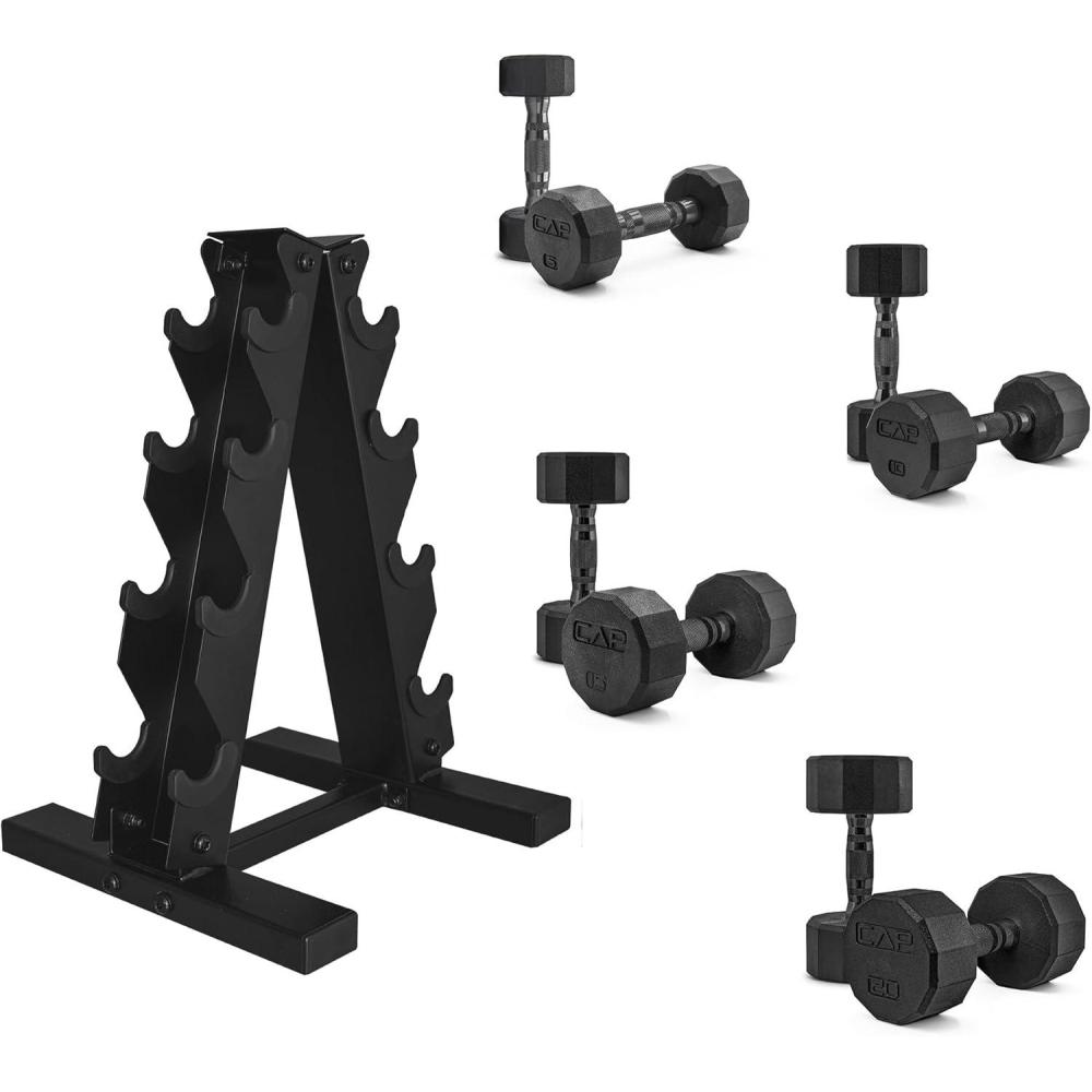 imageCAP Barbell Rubber Coated Dumbbell Weight Set with Vertical Rack 100 lb 150 lb and 210 lb Options100 lb Set