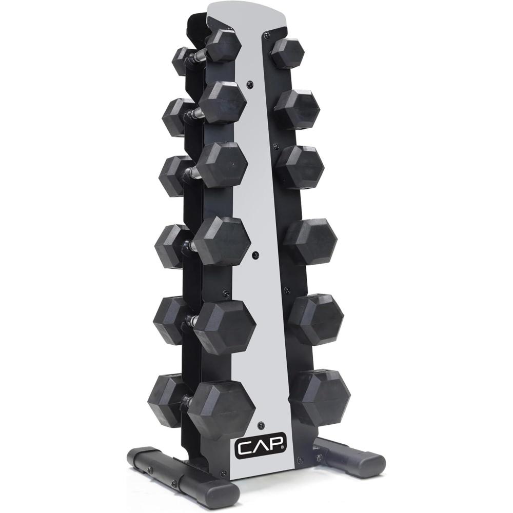 imageCAP Barbell Rubber Coated Dumbbell Weight Set with Vertical Rack 100 lb 150 lb and 210 lb Options210 pounds