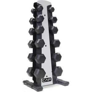CAP Barbell Rubber Coated Dumbbell Weight Set with Vertical Rack | 100 lb, 150 lb, and 210 lb Options(210 lb – Set – Silver Rack)