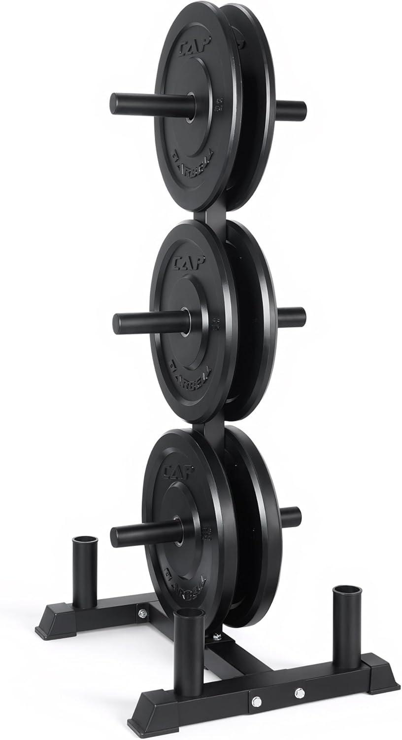 imageCAP Barbell 2Inch Olympic Bumper Plate Weight Set with 6 Post Rack 100370 lbs Multiple OptionsELITE