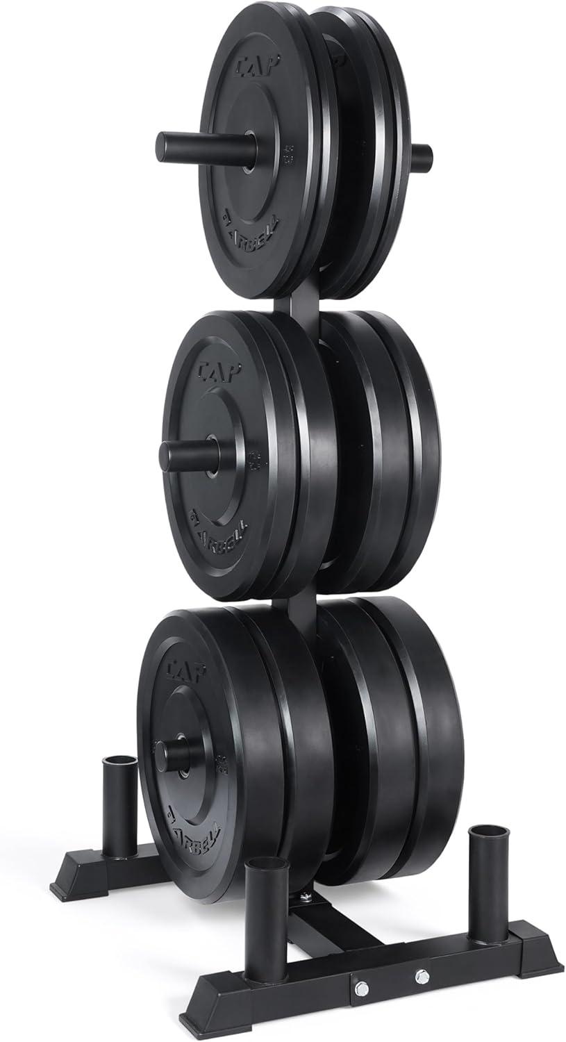imageCAP Barbell 2Inch Olympic Bumper Plate Weight Set with 6 Post Rack 100370 lbs Multiple OptionsELITE