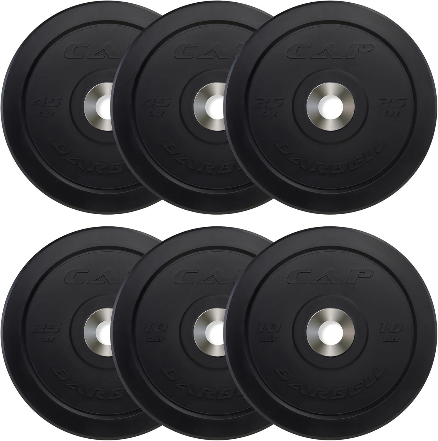imageCAP Barbell 2Inch Olympic Bumper Plate Weight Set with 6 Post Rack 100370 lbs Multiple OptionsPRO