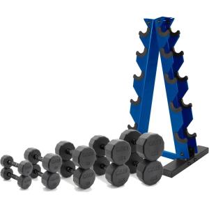 CAP Barbell 150 LB Coated Hex Dumbbell Weight Set with Vertical Rack | Multiple Options(Blue Rack)