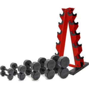 CAP Barbell 150 LB Coated Hex Dumbbell Weight Set with Vertical Rack | Multiple Options(Red Rack)