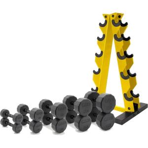 CAP Barbell 150 LB Coated Hex Dumbbell Weight Set with Vertical Rack | Multiple Options(Yellow Rack)