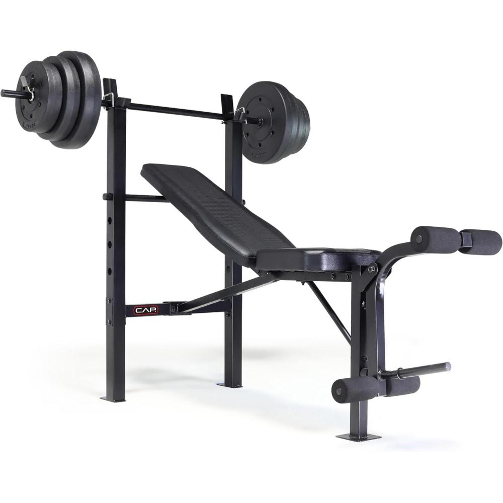 imageCAP Barbell Standard Weight Bench with Leg Developer and a 100 LB Vinyl Weight Set  Adjustable Backrest Barbell and Cement Plates for Home Gym