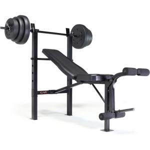 CAP Barbell Standard Weight Bench with Leg Developer and a 100 LB Vinyl Weight Set – Adjustable Backrest, Barbell, and Cement Plates for Home Gym